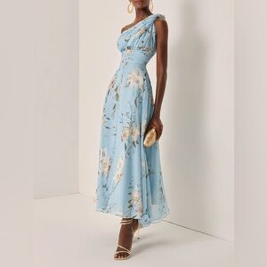 One-Shoulder Sky Blue Floral Midi Dress